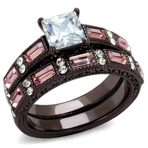 Princess Square Pink  CZ Black Stainless Steel  2 PC Wedding engagement Ring Set