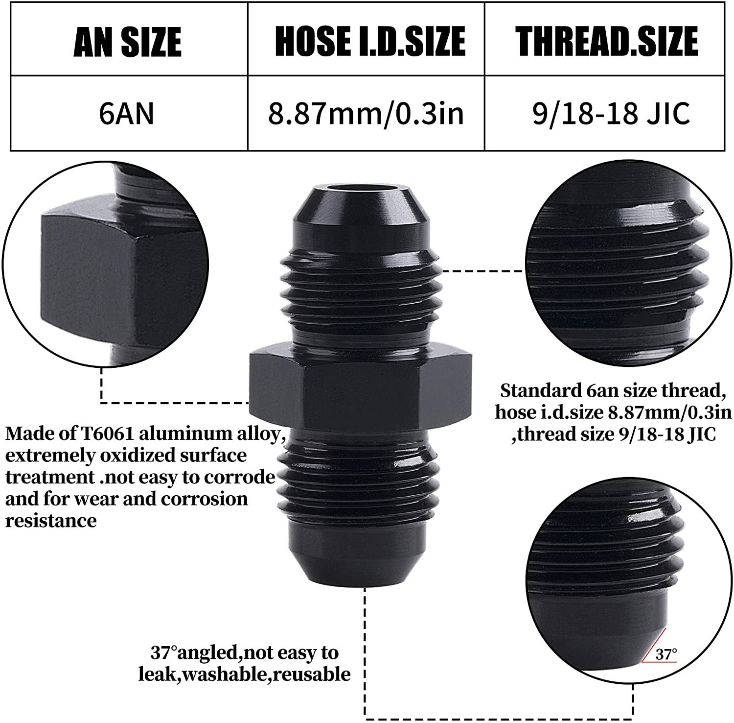 6AN to 6AN Male Flare Coupler Union Straight Fuel Hose Adapter Fitting 2 PCS