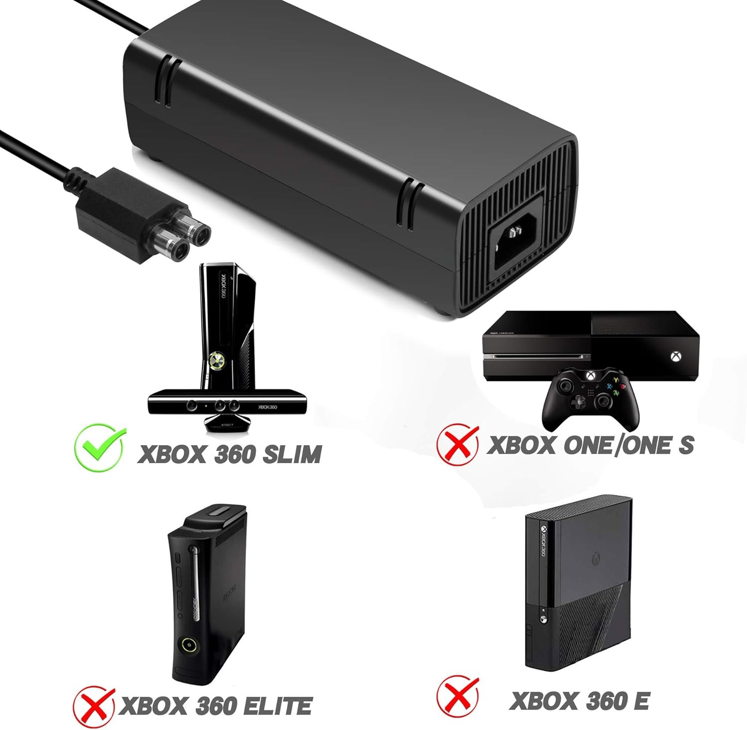 For Microsoft Xbox 360 Slim/S Power Supply Brick AC Adapter Charger w/Power Cord