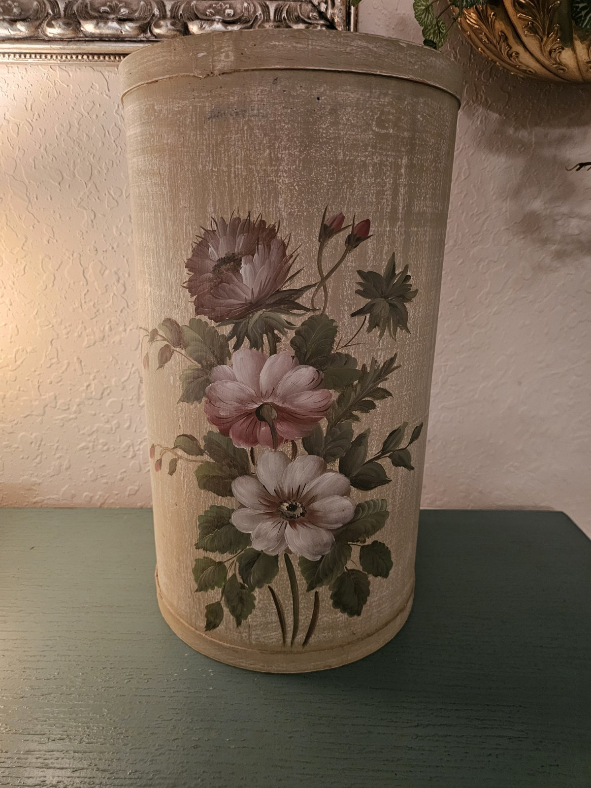 Vintage Wooden Umbrella Stand W/Painted Floral Design, 16.5" Tall-Very Good