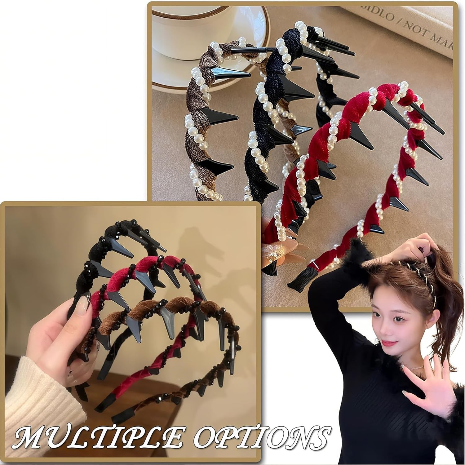 6Pcs Headbands with Teeth for Women Retro High Skull Pearl Headbands Non Slip