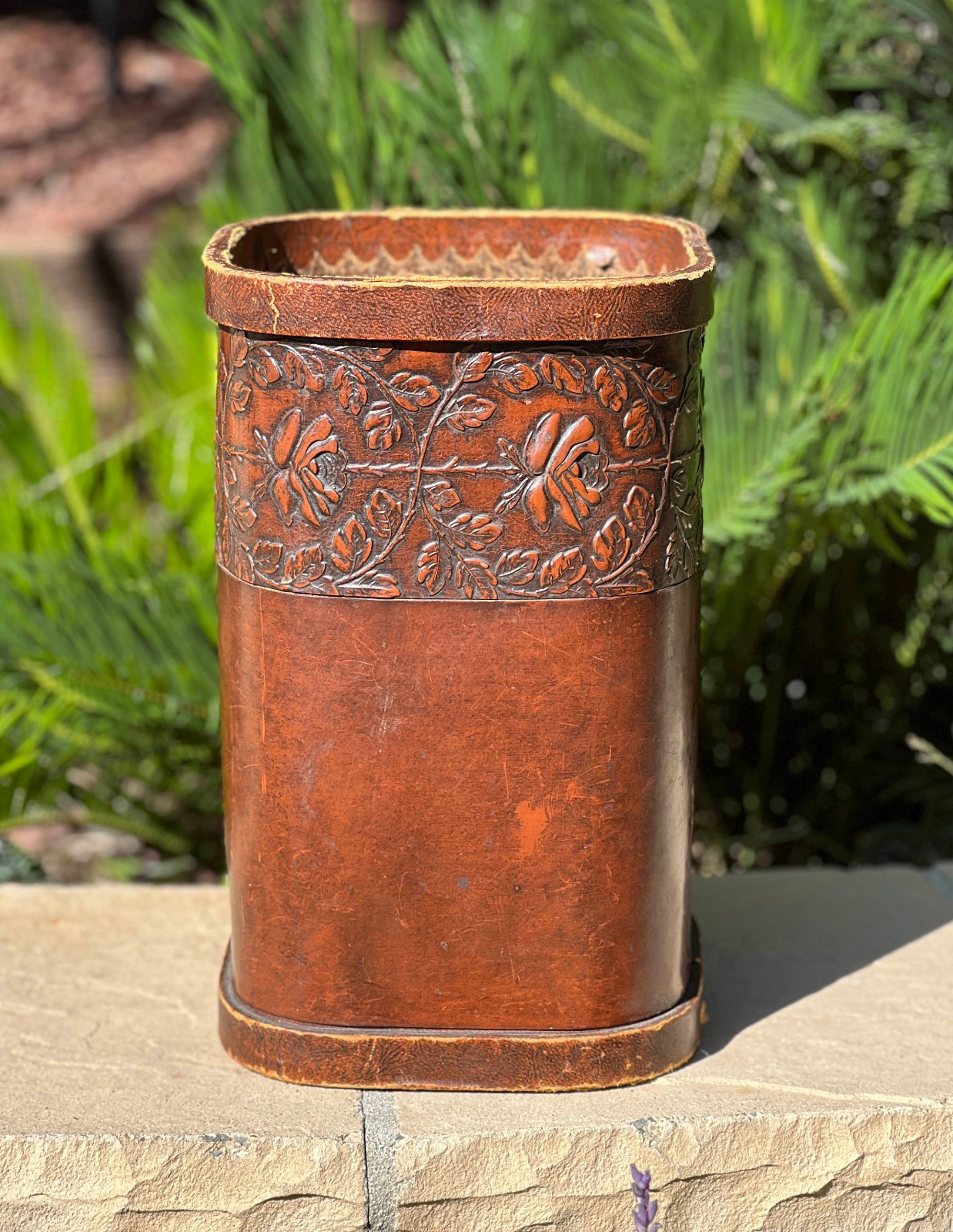 VTG Faux Leather Tooled Embossed Floral Umbrella Cane Stand Waste Basket Brown