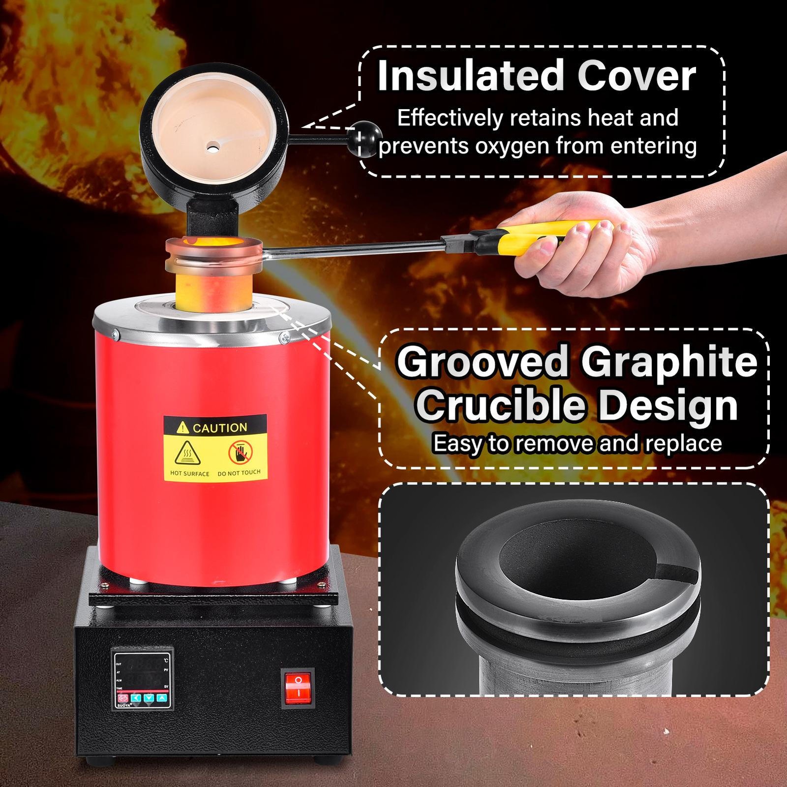 1500W Electric Gold Melting Furnace Digital Smelting Furnace W/3KG Crucibles