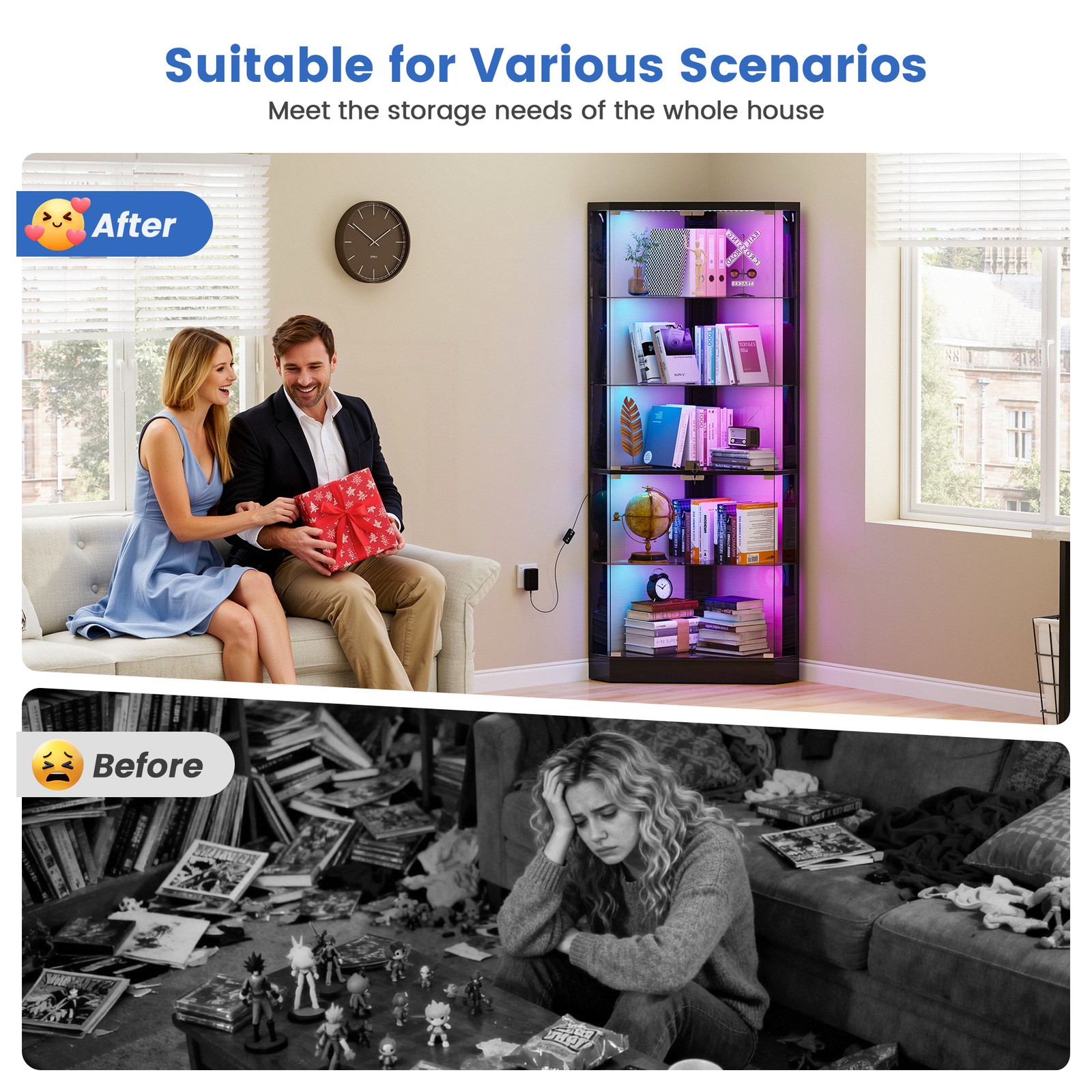 Black Curio Cabinets with RGB Lights, 69" Tall Display Cases for Collectibles