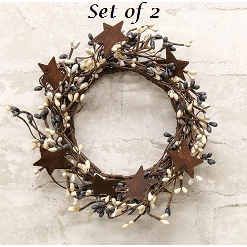 NEW PRIMITIVE Berry Wreath Candle Rings 2pc Rust Stars 4" Gray Cream White Pips