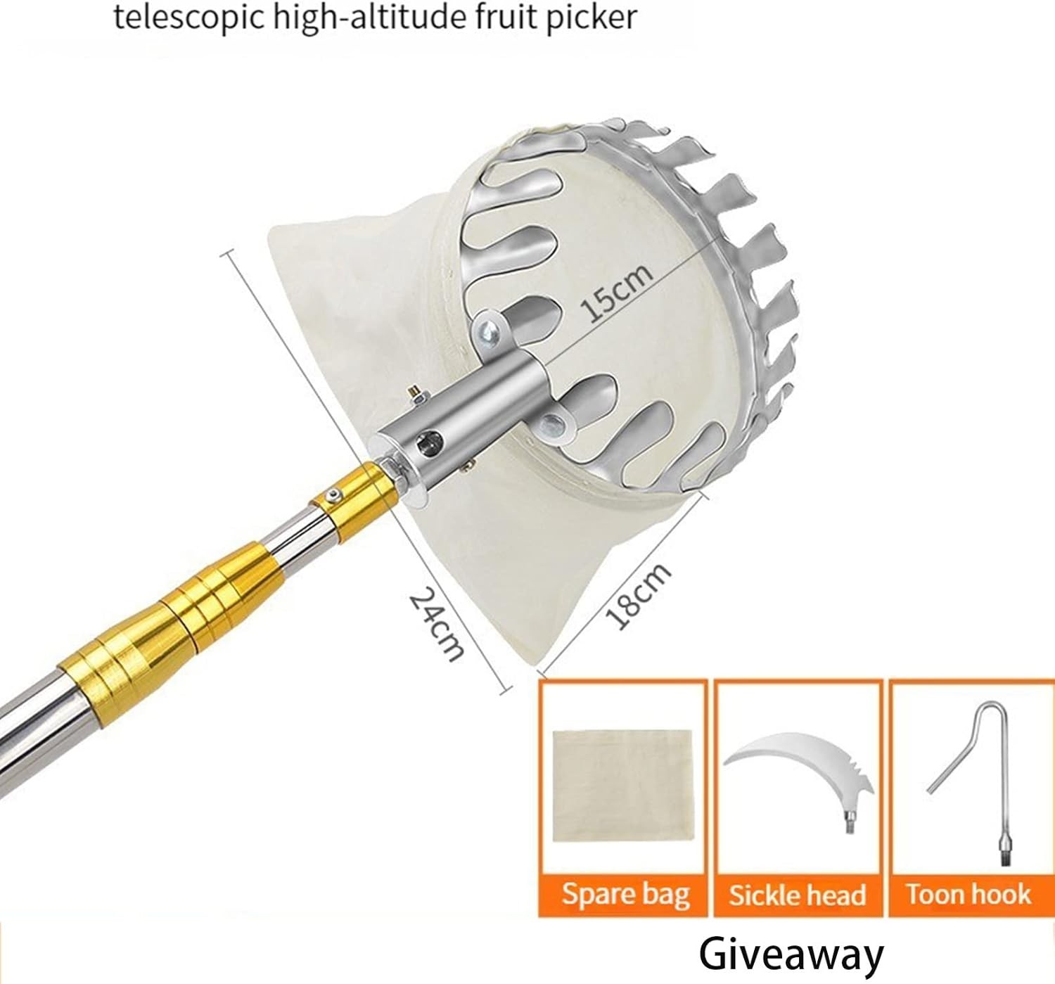 Telescopic Fruit Picker 1.9m, Long Reach Harvest Tool for Apple Pear Picking