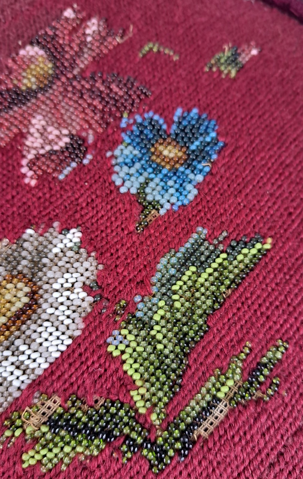 Antique Victorian Footstool Beaded Floral Needlework Tapestry Upholstery Ottoman