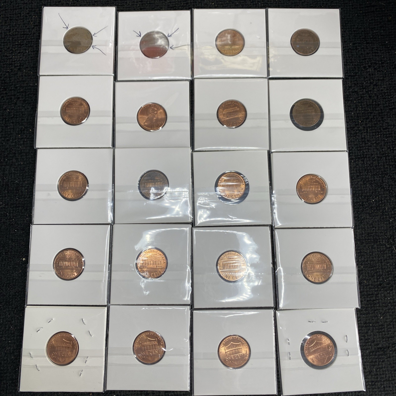 LINCOLN CENT P/D Lot of 10 Red BU 1996-2022 & A Lot of 10 1969-2000 Error Coins