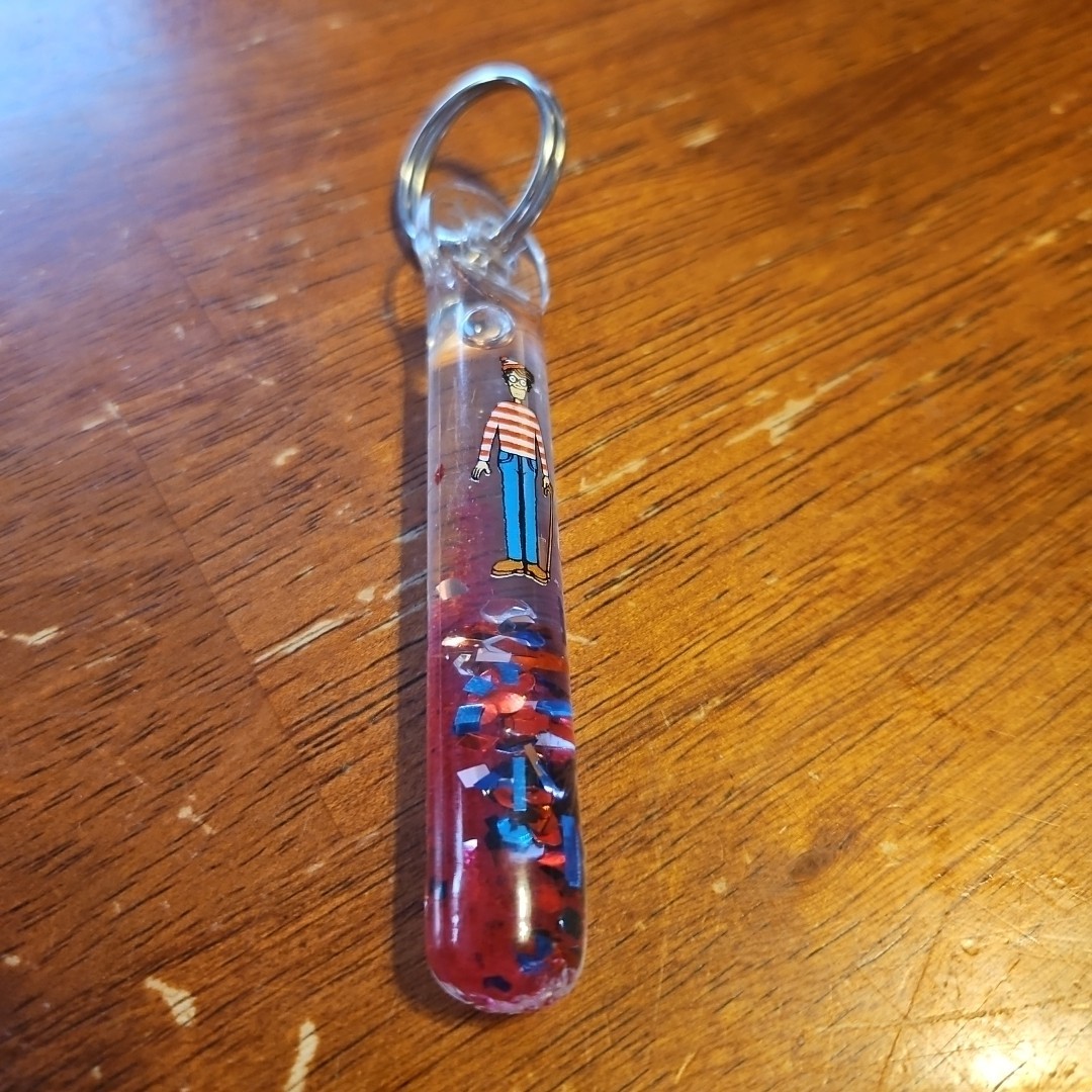 Vintage 1991 Where’s Waldo Red White Blue Glitter Pink Wonder Tube 4" Key Chain