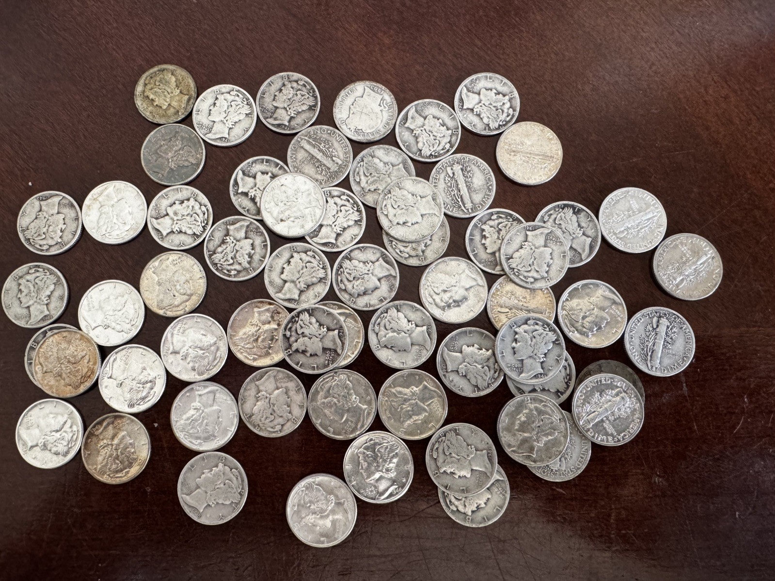 90% Silver Mercury Dimes Roll of 50 Circulated Unsearched Various dates