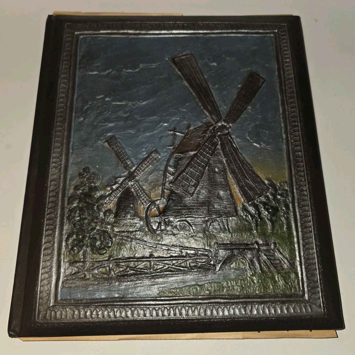Vintage 70s Silver Magnetic Photo Album Embossed Windmill Faux Leather Japan