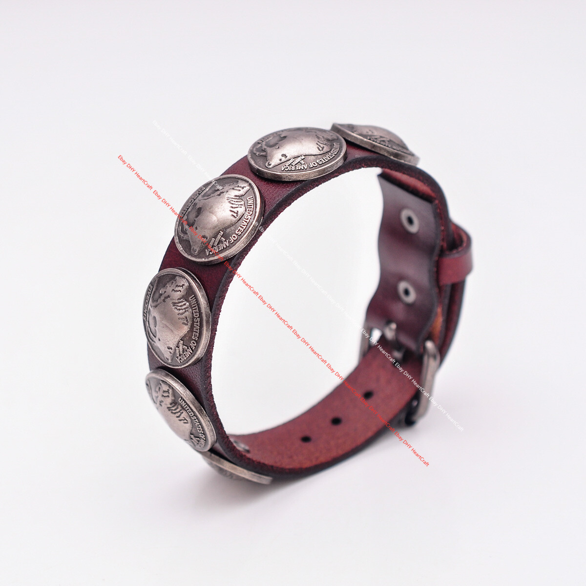 Western Buffalo Concho Veg Tan Brown Leather Wrap Bracelet Wristband Cuff Bangle