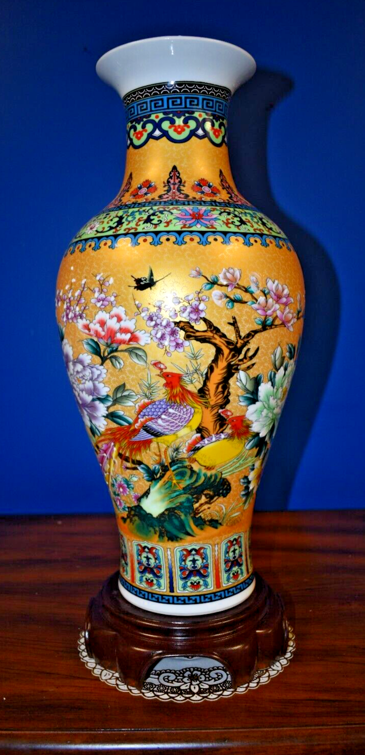 18" GOLDEN PHOENIX BIRD CHINESE JINGDEZHEN PORCELAIN VASE W/STAND