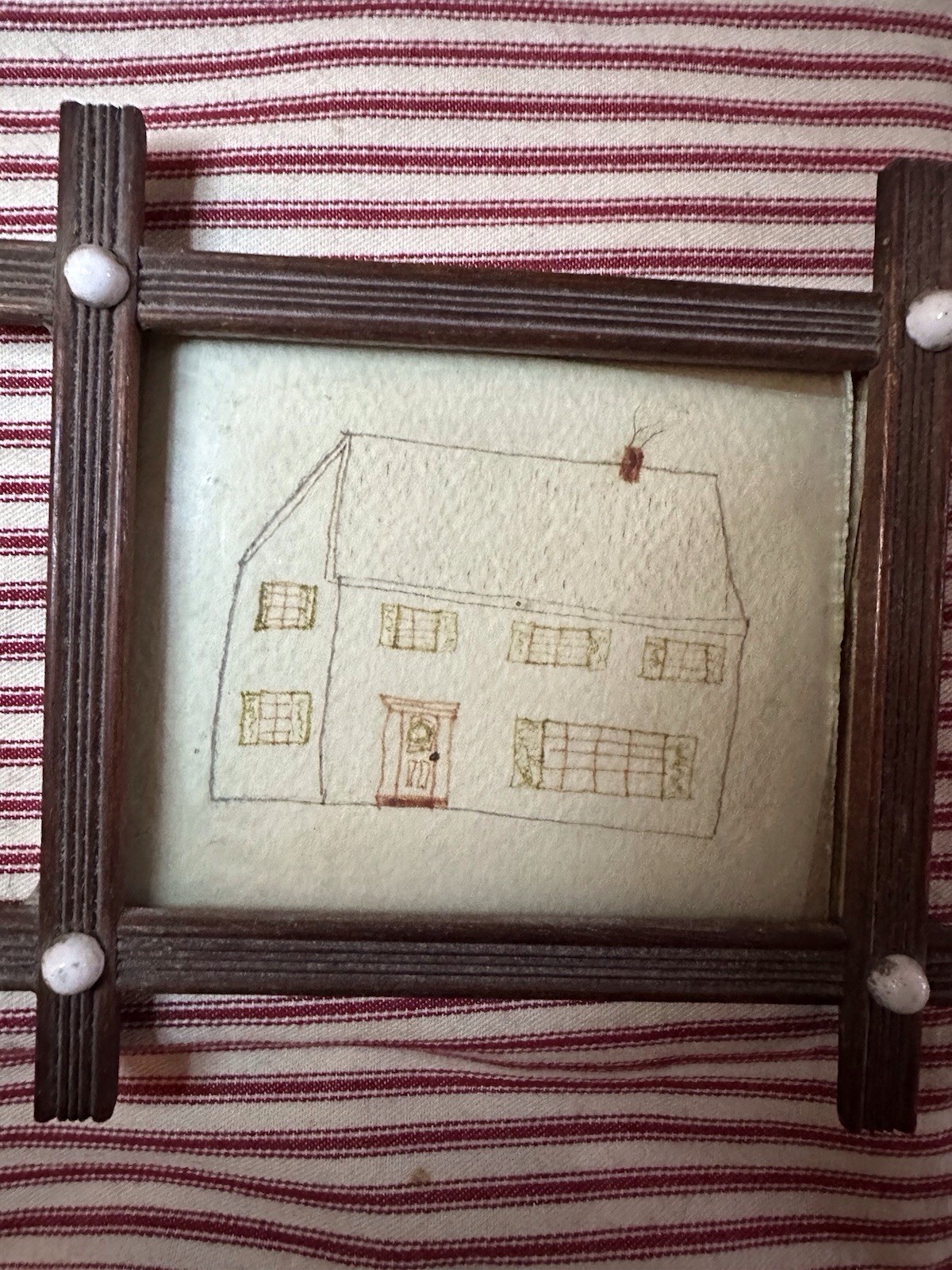 Antique American Folk Art School Girl Sketched Drawing Adirondack Frame