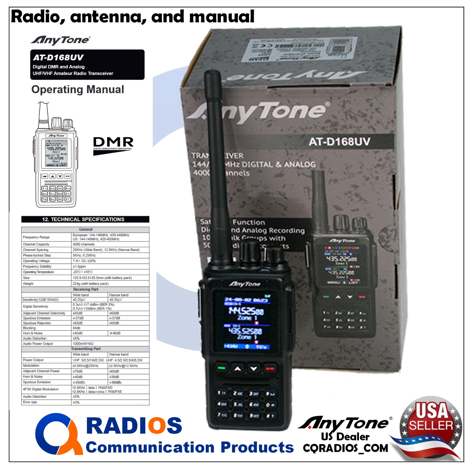 Anytone AT-D168UV Analog Digital DMR UHF VHF 2 way radio speaker mic extra batt