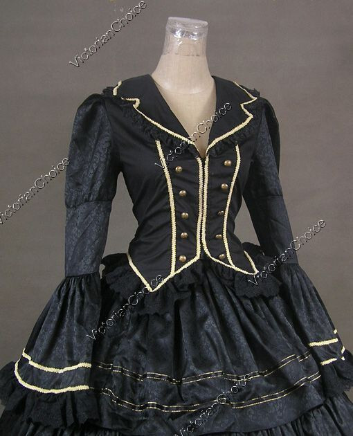 Black Victorian Civil War Brocade Dress Ruffle Skirt Ball Gown Gothic Costum 188