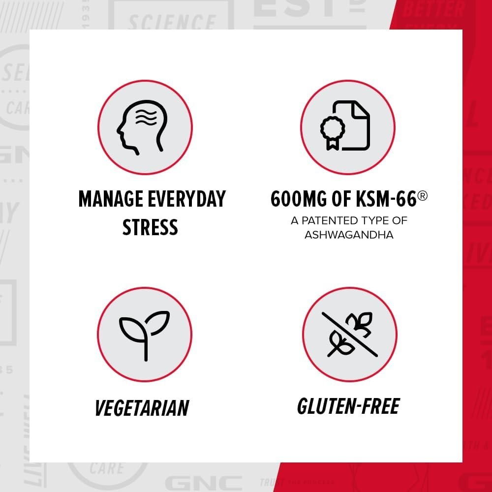 GNC Herbal Plus Ashwagandha 600mg Supplement, Clinical Strength, Vegetarian, Str