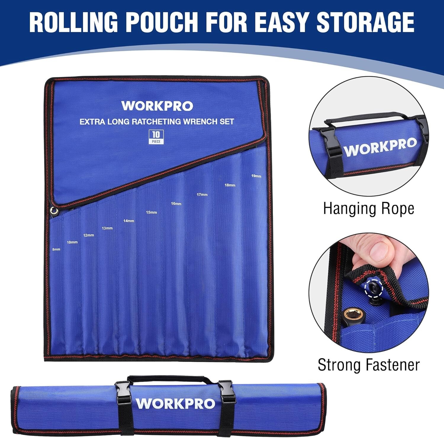 WORKPRO Extra Long Ratcheting Wrench Set-10PC Combination Anti-Slip Metri-8-19mm