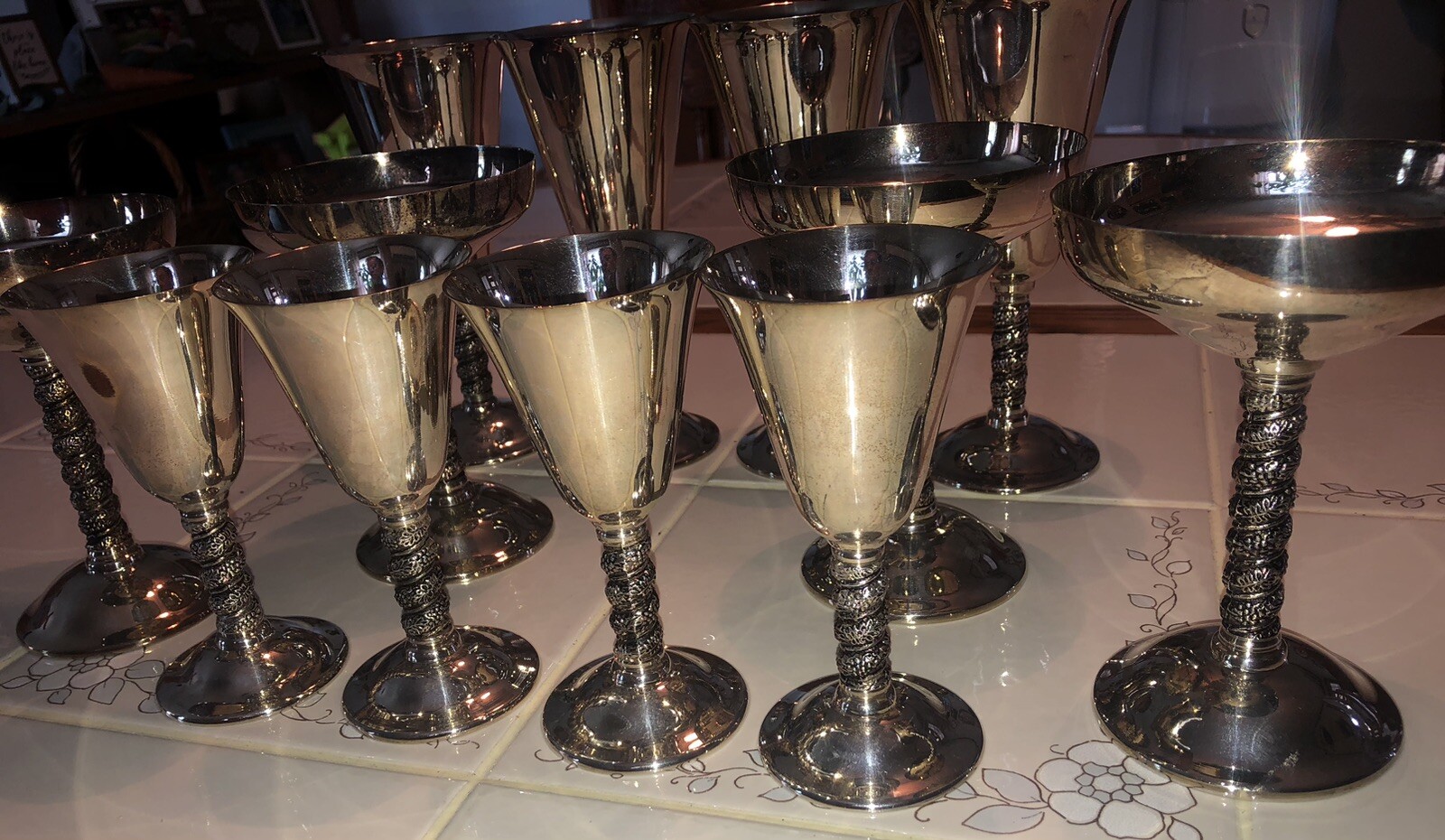 (12) Vintage Alfonso Lara Silverplate Wine Cups Goblets Spain Vine Twisted Stem