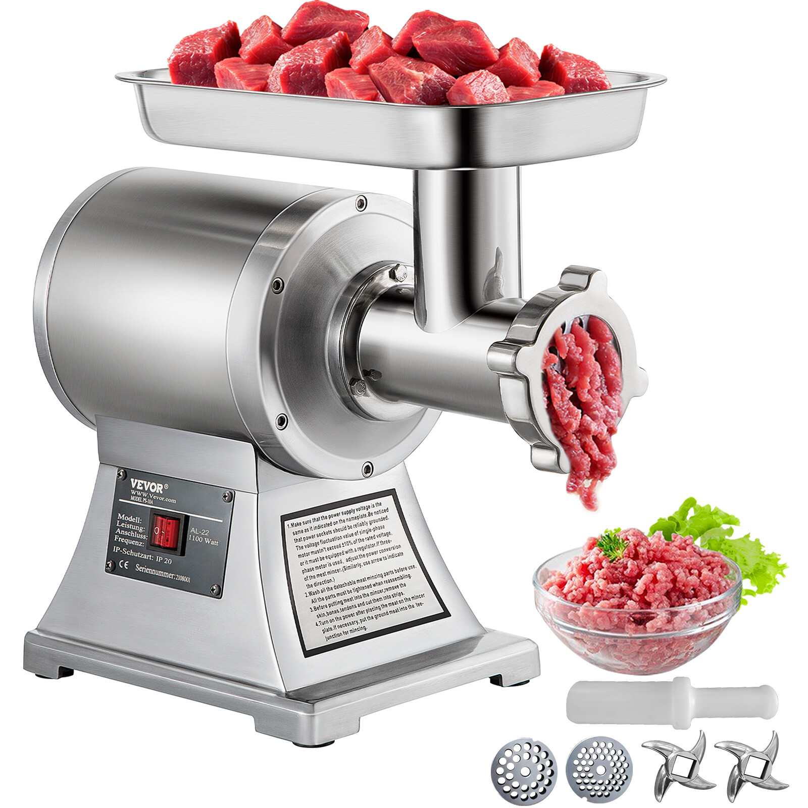 VEVOR 550lbs/H Electric Meat Grinder 1.5HP Commercial Sausage Stuffer Filler