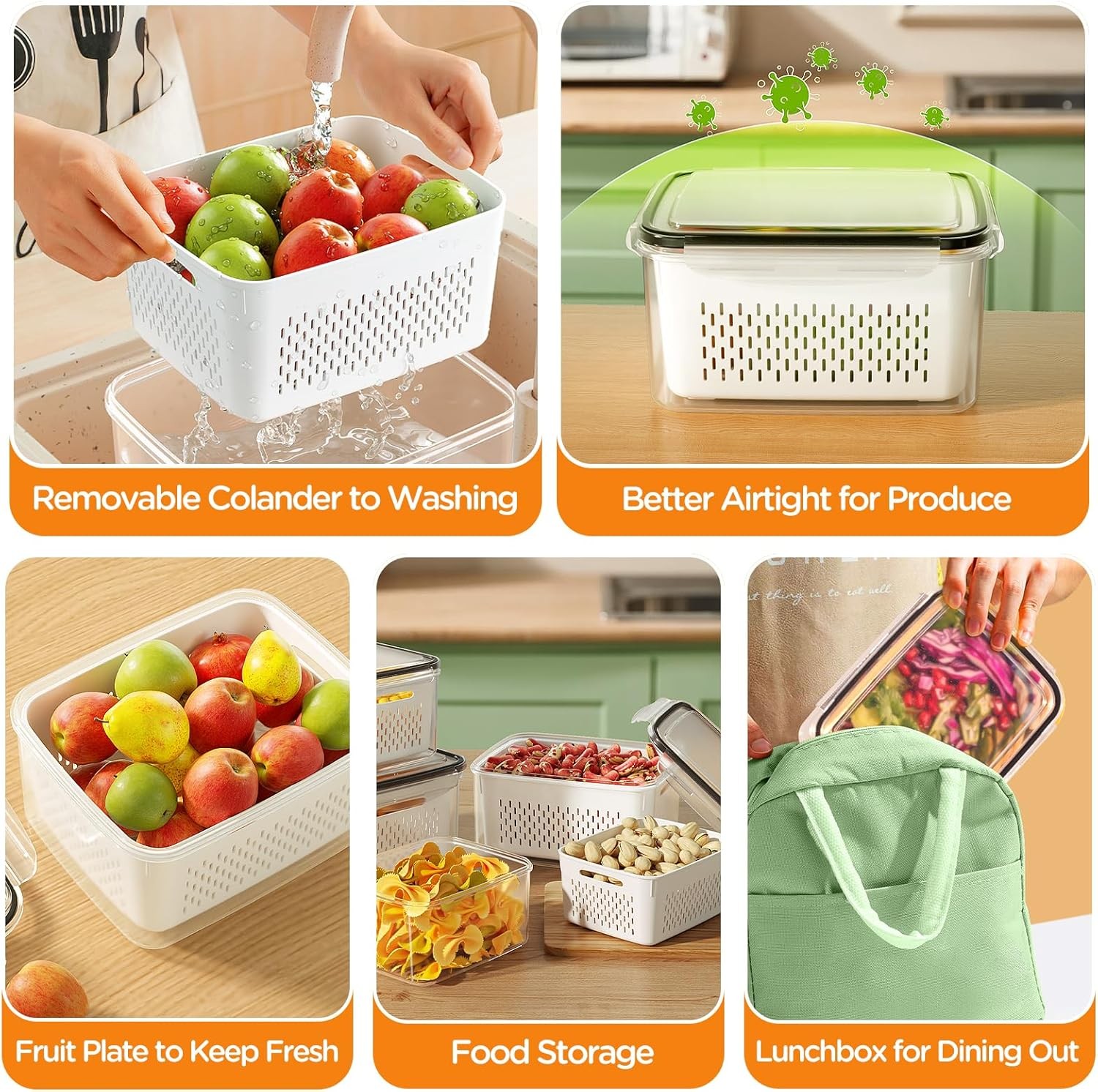 5-Piece Set, 4-in-1 Lidded Fruit & Vegetable Storage Containers, Leak-Proof