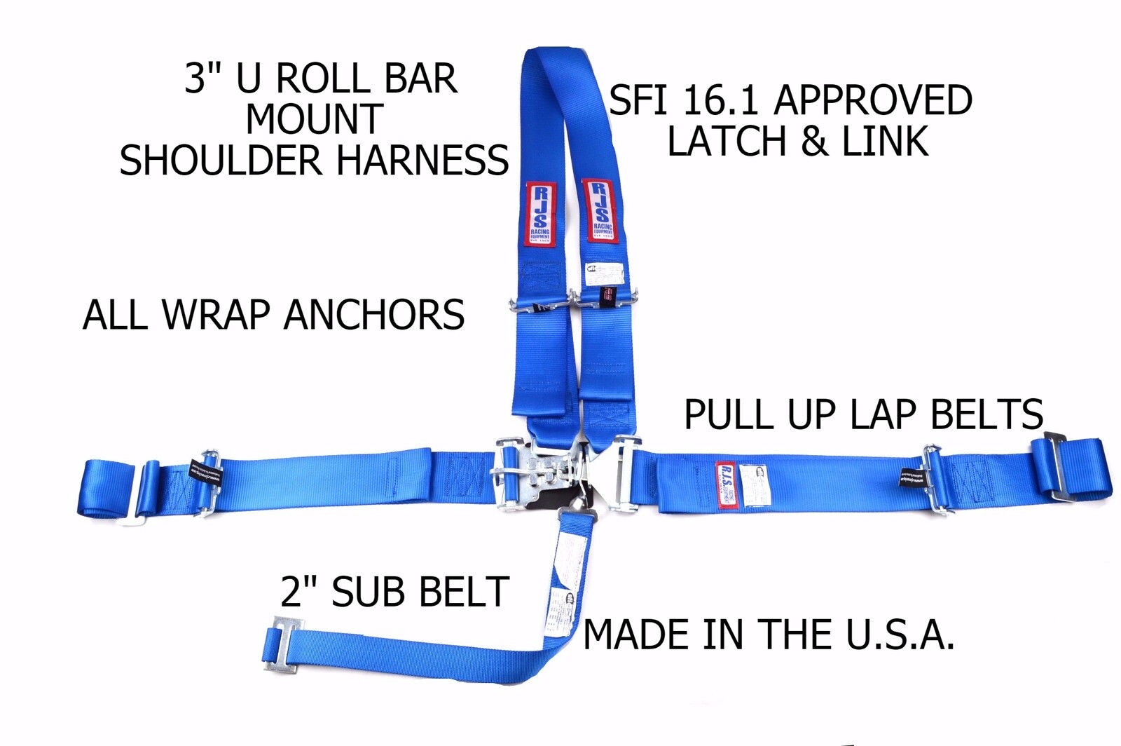 5 POINT ALL WRAP U RACING HARNESS SFI 16.1 LATCH & LINK BLUE PULL UP RJS