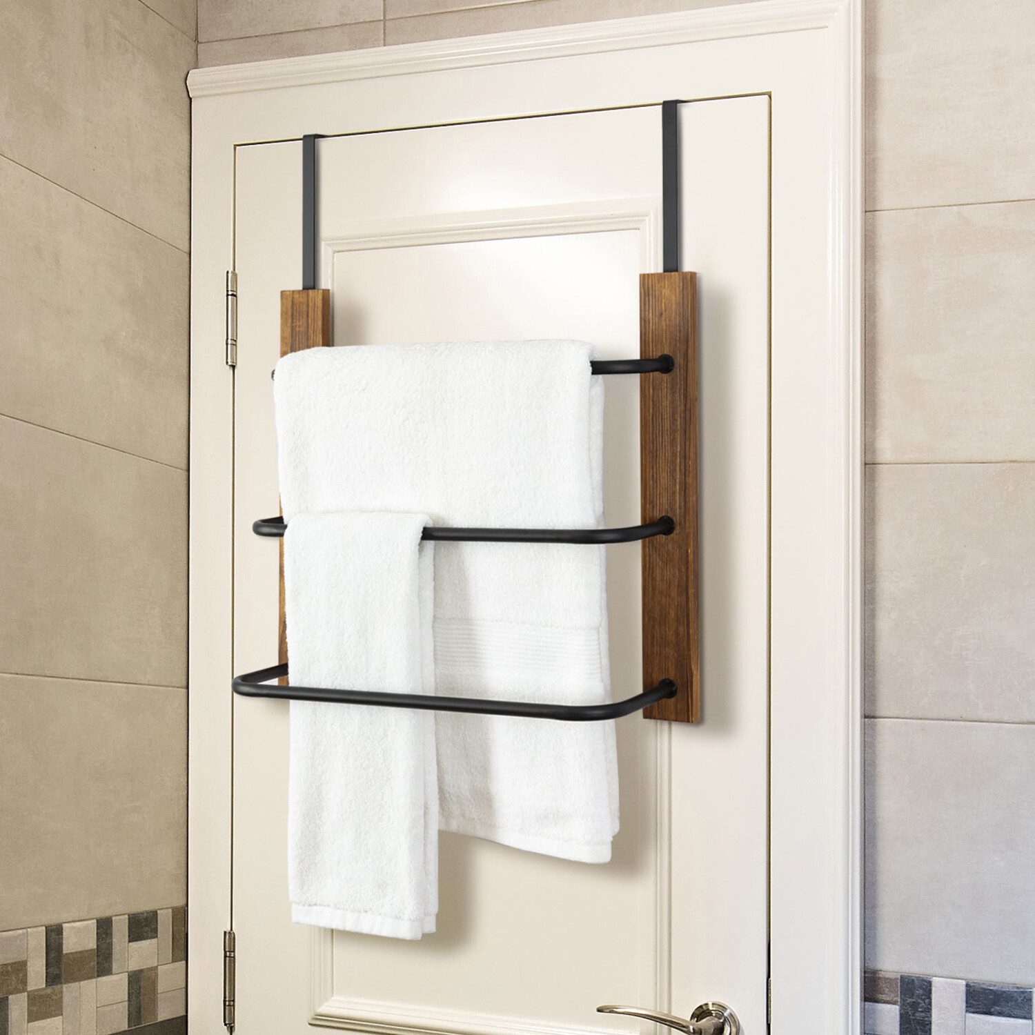 3 Tier Wood Matte Black Metal Space Saving Bathroom Door Hanging Towel Bar Rack