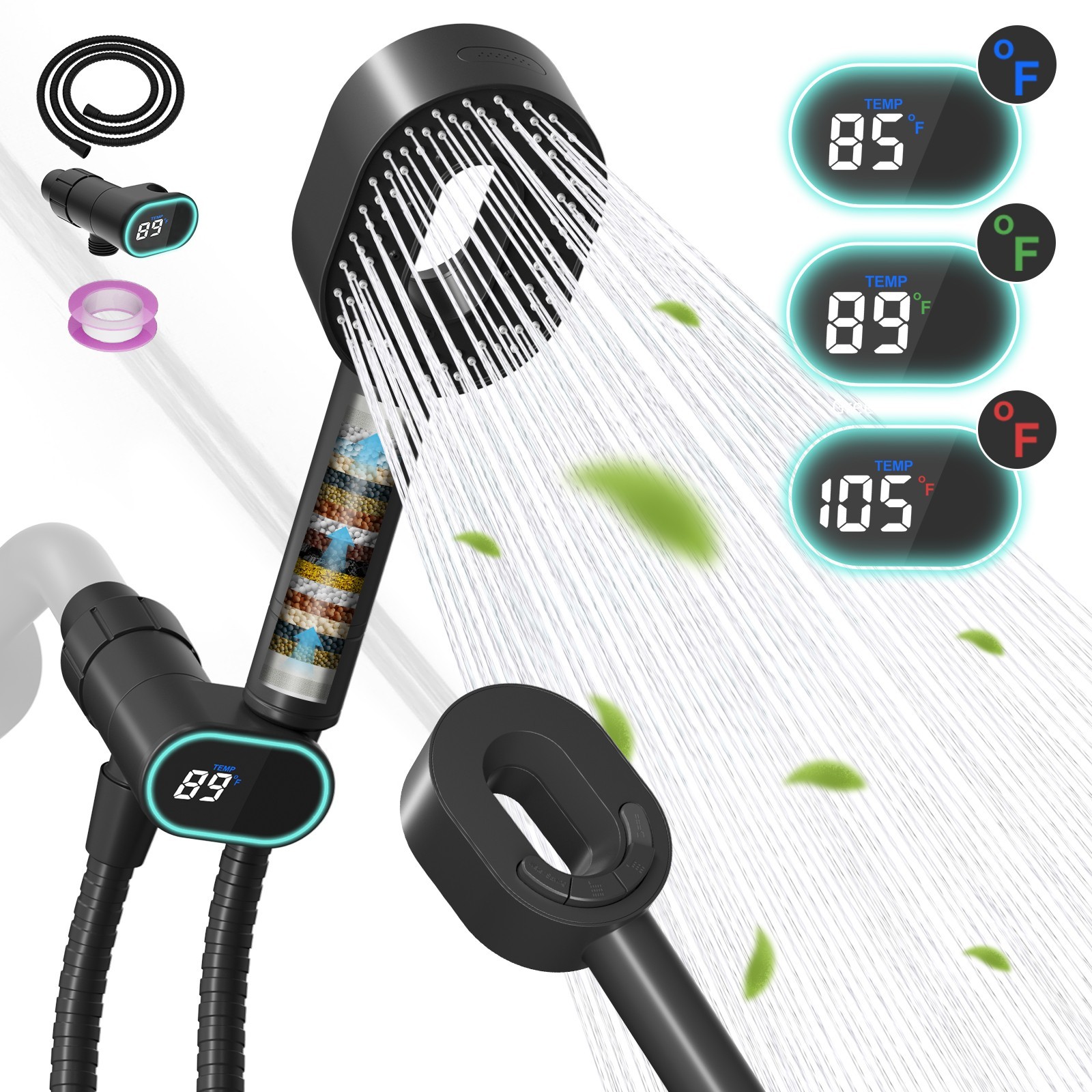 High Pressure Shower Head with handheld spray combo Filtered LED Temp Display