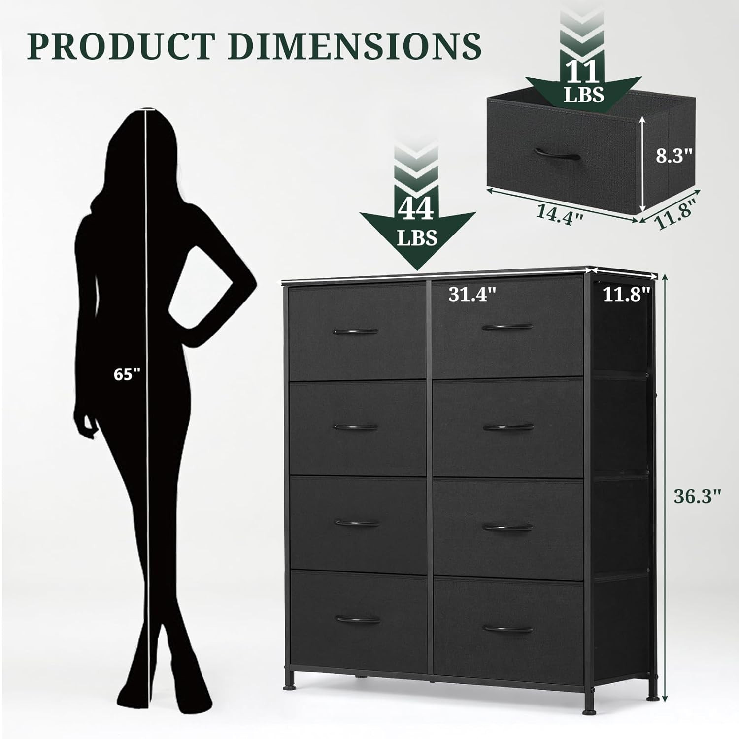 NEW 8 Drawer Organizer Dresser Storage Chest Bedroom Closet Wood Top Gray Fabric