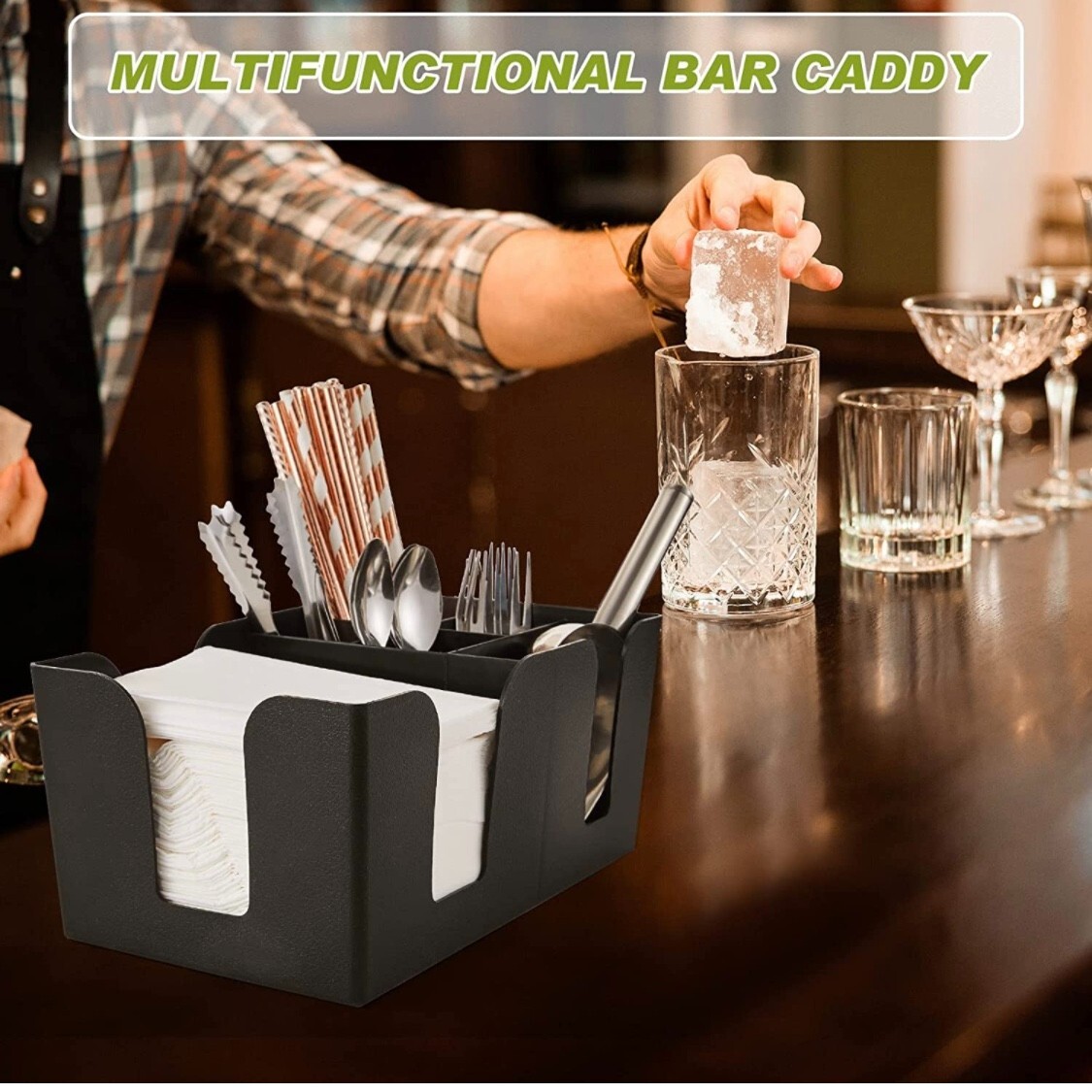 Black Plastic Bar Caddy Utensil Caddy/Holder for Napkin & Straw 6 Compartments