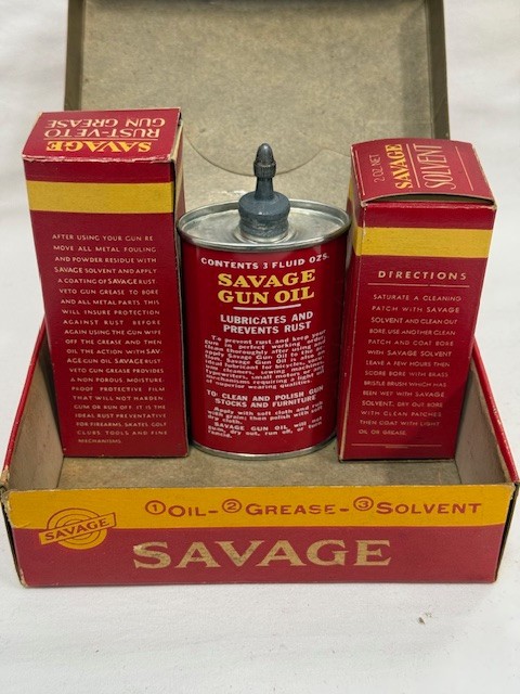 Savage Arms Vintage Gun Cleaning Kit Oil Tin Grease Solvent 3pk