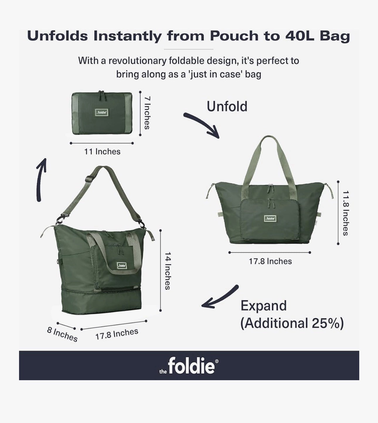 The Foldie® 4.0 Travel Duffle - Water Resistant - Expandable Bottom - Army Green