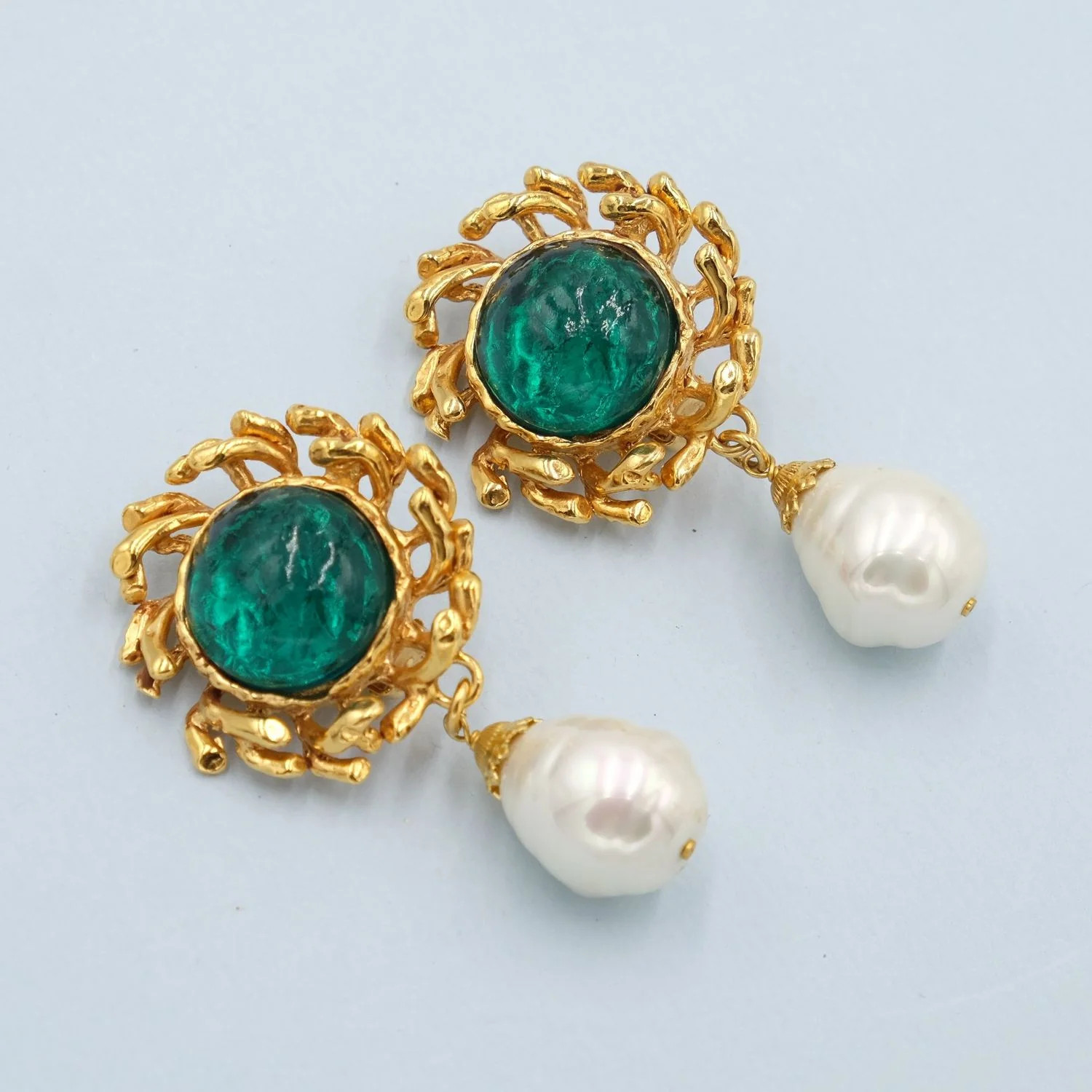 Vintage Philippe Ferrandis Earrings with Green Glass and Pearl Drop