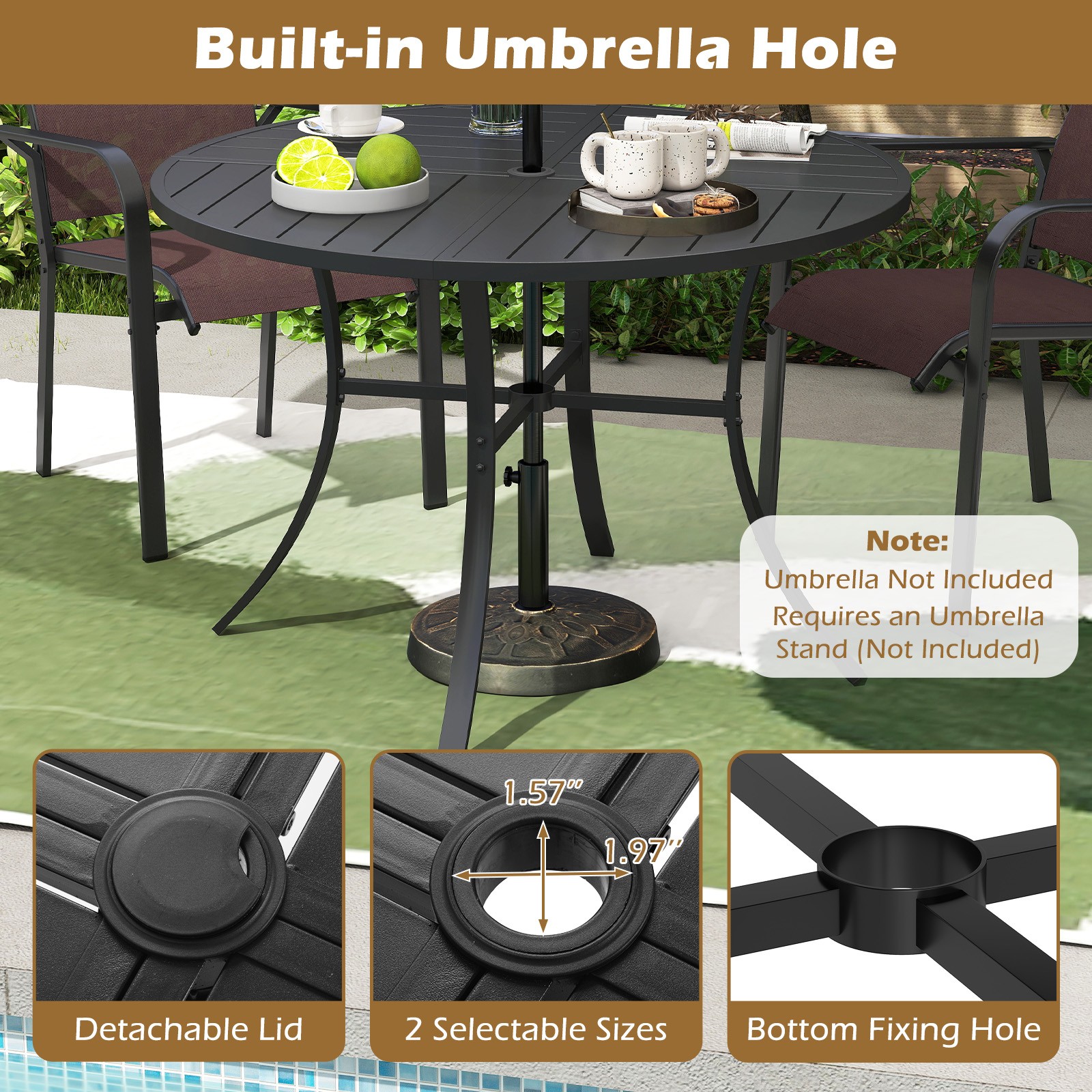 Patio Dining Table, 42.5" Round Metal Slat Table with Umbrella Hole, Outdoor