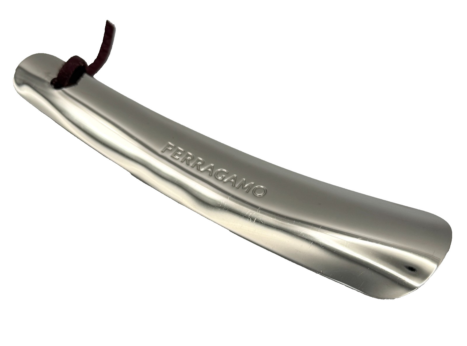 Salvatore Ferragamo New Silver Tone Metal Shoe Horn Leather Cord Strap Auth