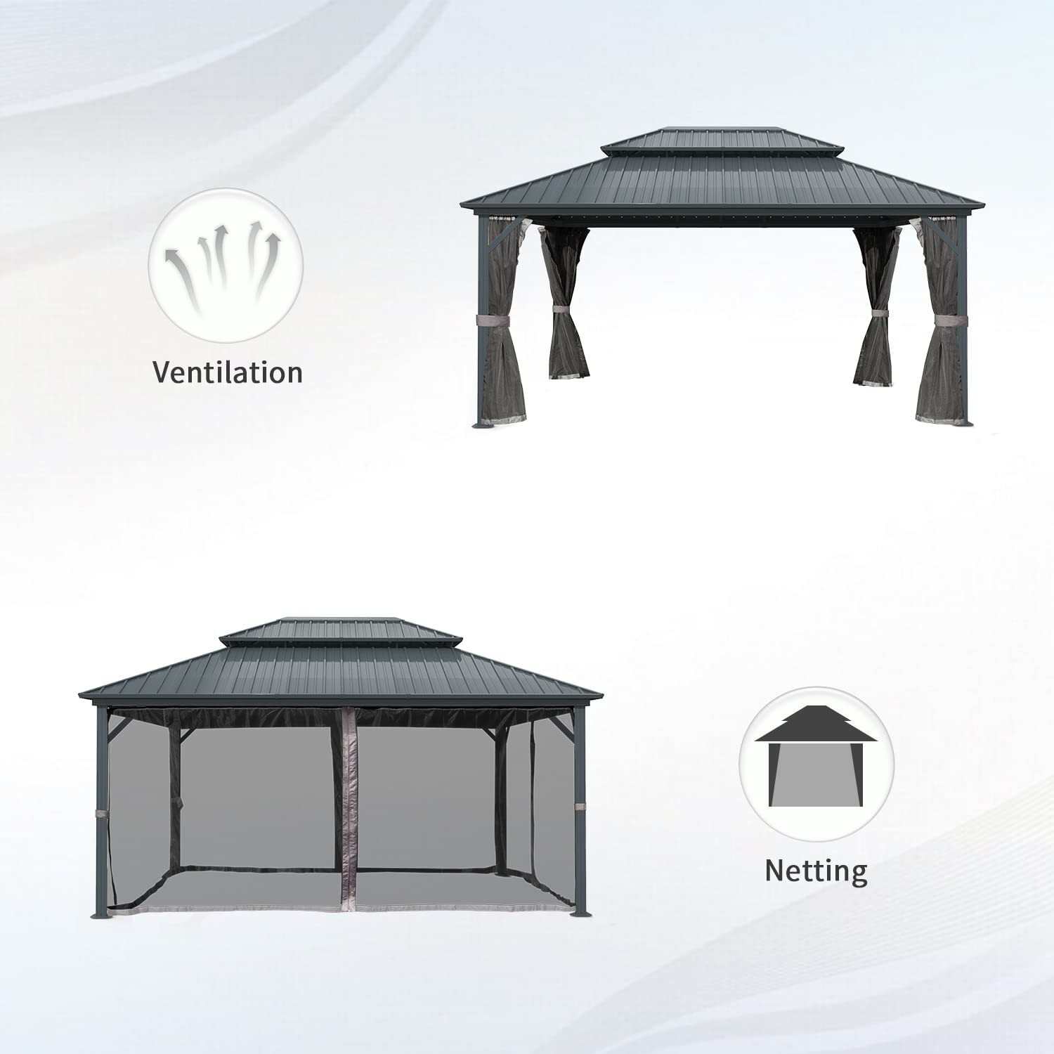 Domi 10’ x 14’ Hardtop Gazebo Outdoor Aluminum Gazebo w/Curtains and Net, Gray