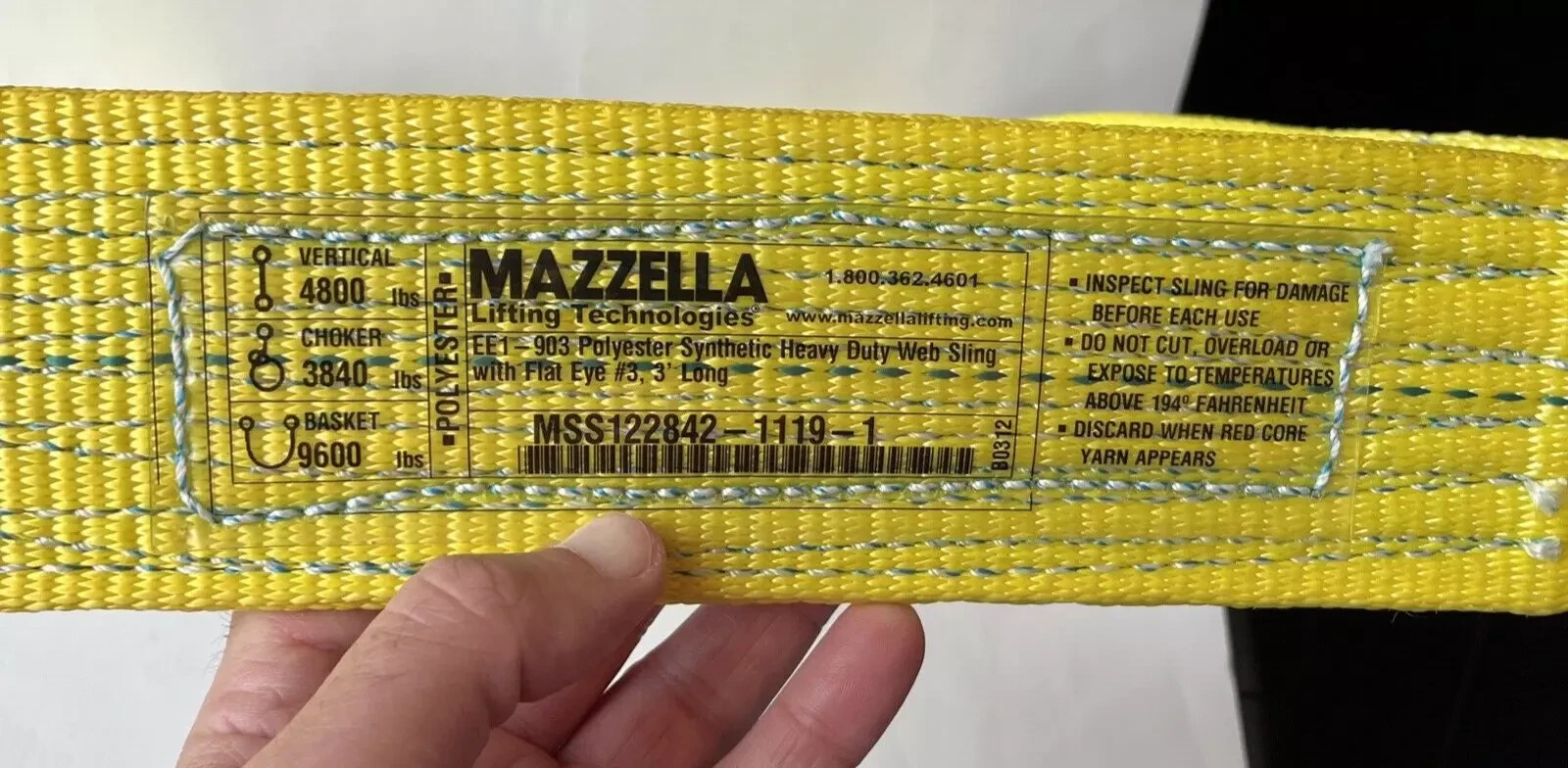Mazzella EE1-903 x 3’ Polyester Synthetic Web Sling 3" Wide 3’ Long Flat Eye New