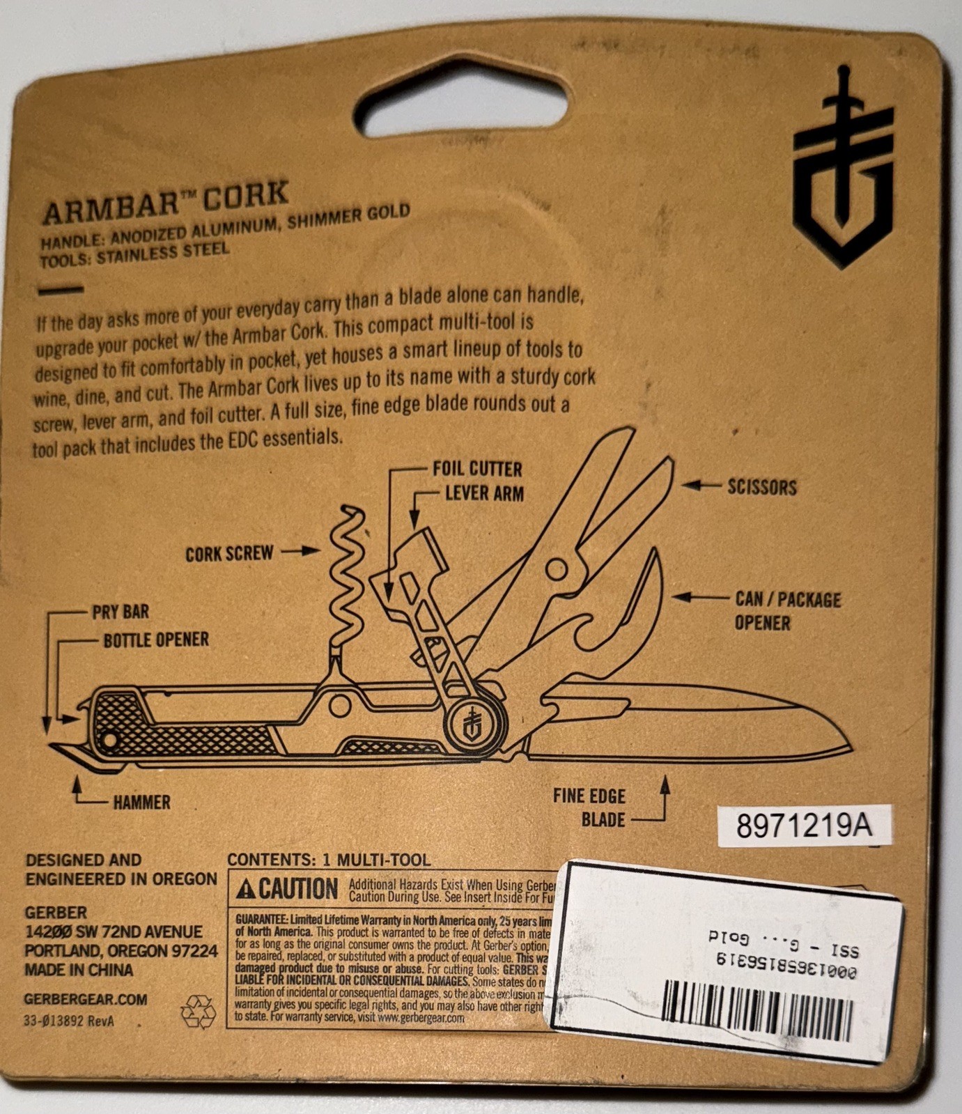 Gerber Armbar Corkscrew Bottle Opener Pry Bar Sciccors Folding Multi Tool Knife