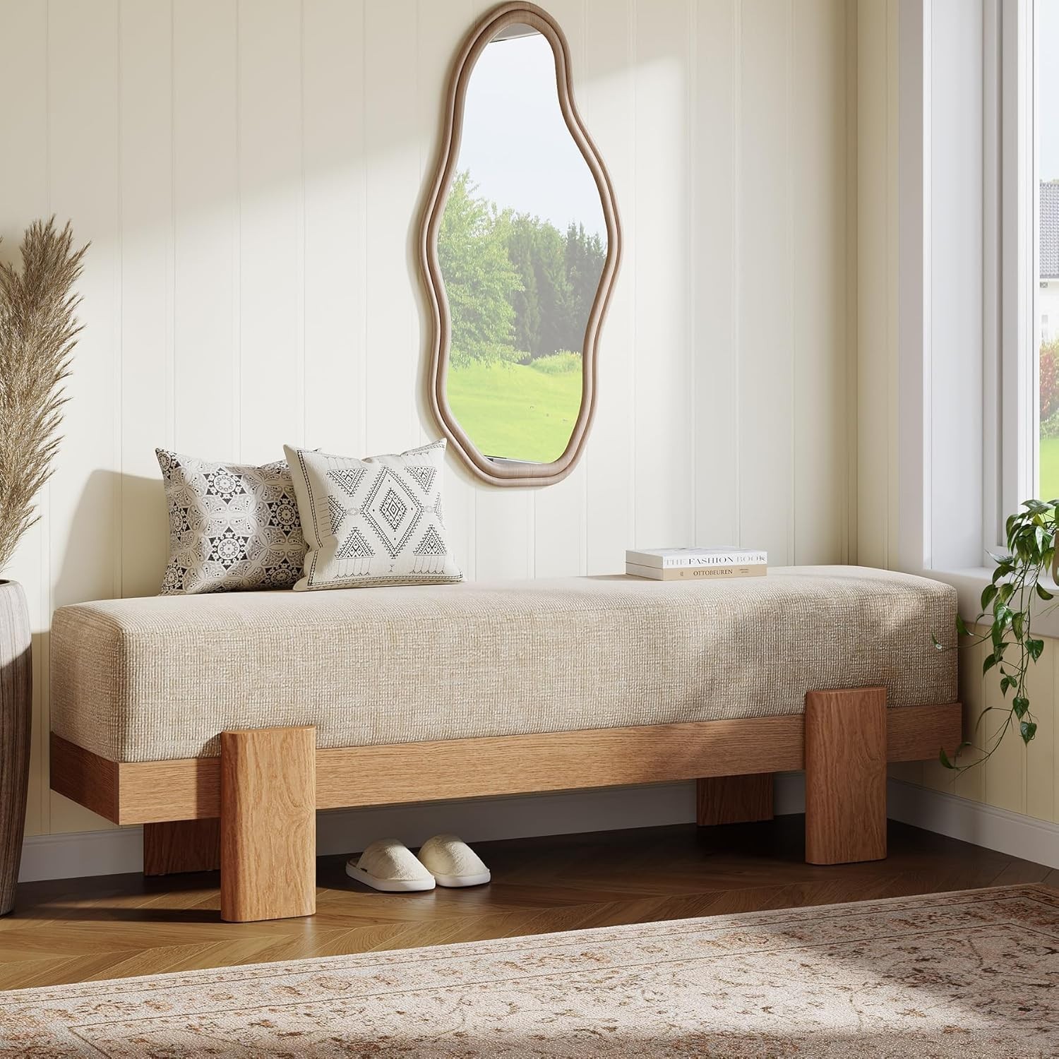 55-Inch Upholstered Entryway Bench, Modern Shoe Bench with Fabric Padded Seat