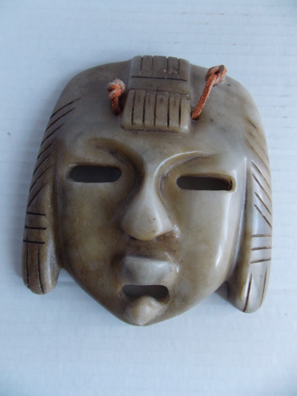 Mayan-Incan or Aztec-Carved Marble Stone Hanging Mask Approx. 5 7/8 "x 5 3/8"