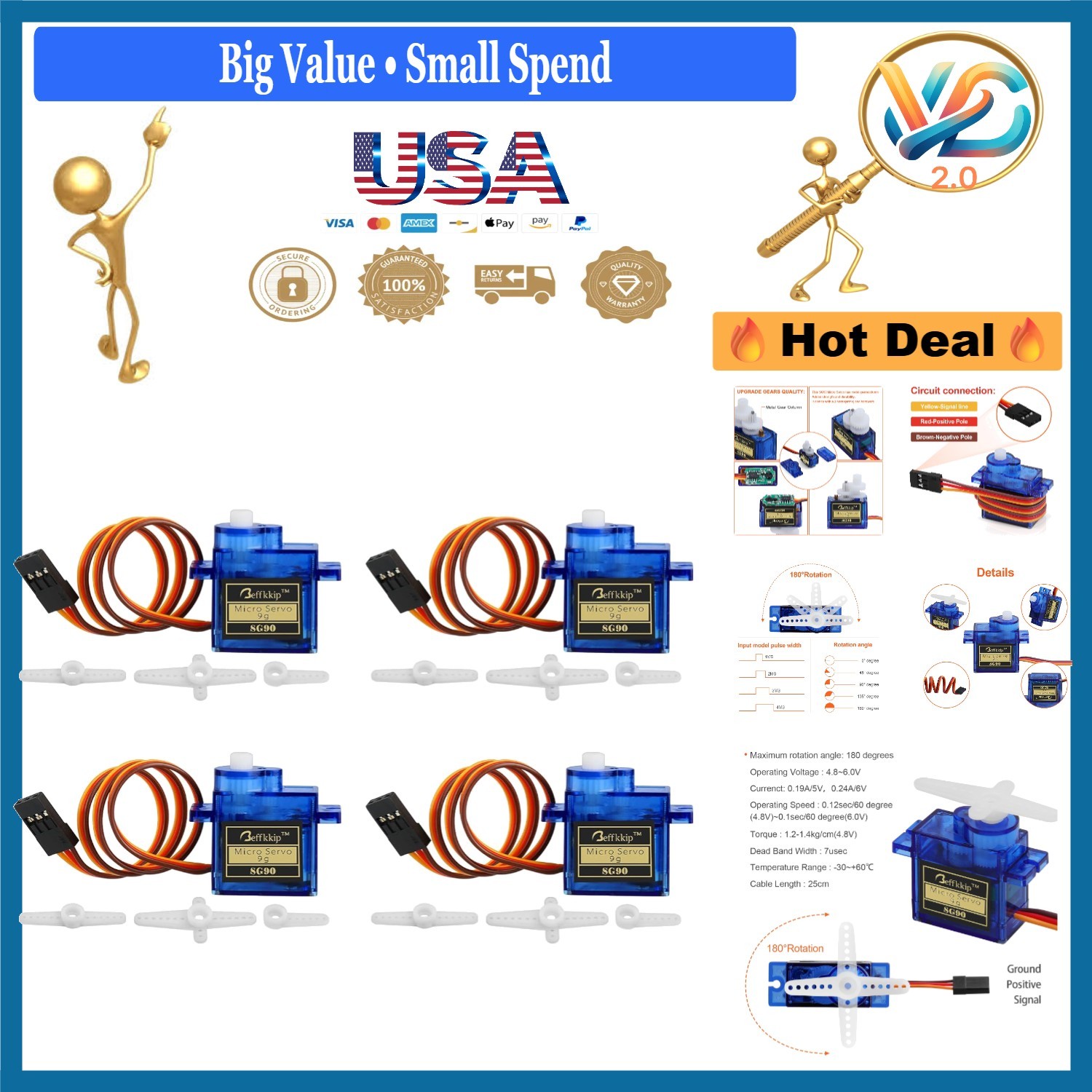 4Pcs SG90 9g Micro Servos for RC Airplane Helicopter Car Boat Control