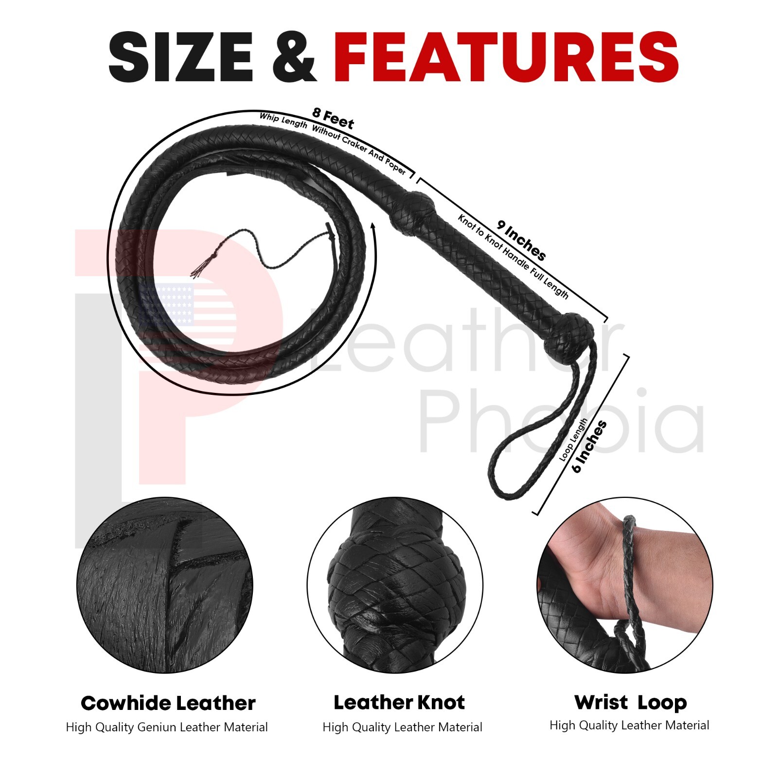 Cow Hide Leather BULL WHIP 04 to 08 Feet Long 12 Plaits Black Indiana Jones Whip