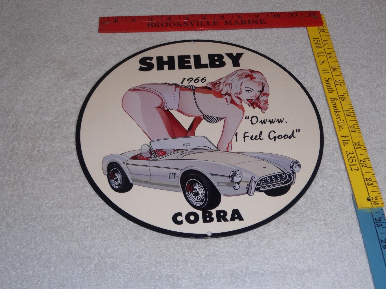 VINTAGE 1966 FORD SHELBY COBRA SPORTS CAR & WOMAN 12" METAL GASOLINE & OIL SIGN!