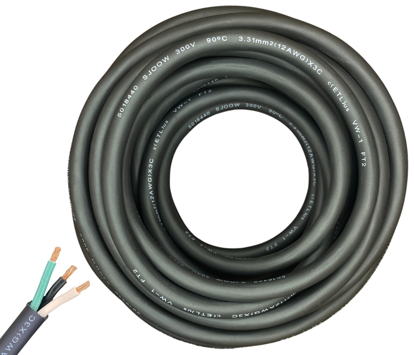 WindyNation 12/3 12 AWG 3 Conductor SJOOW Cable Cord Wire 300V Portable Power