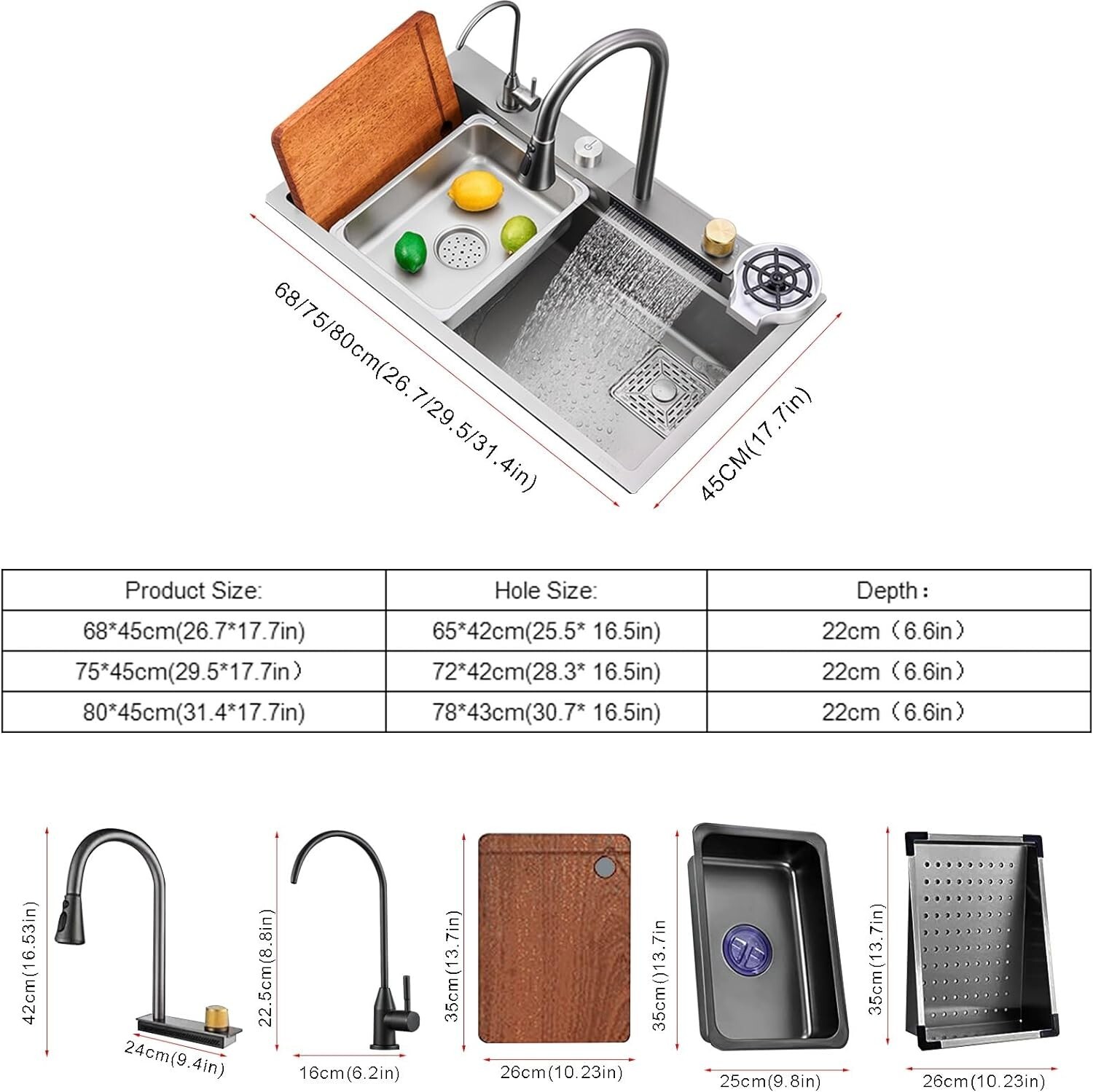 Flying Rain Stainles Steel Watefall Kitchen Sink w PullDown Faucet Gray 31.5INCH
