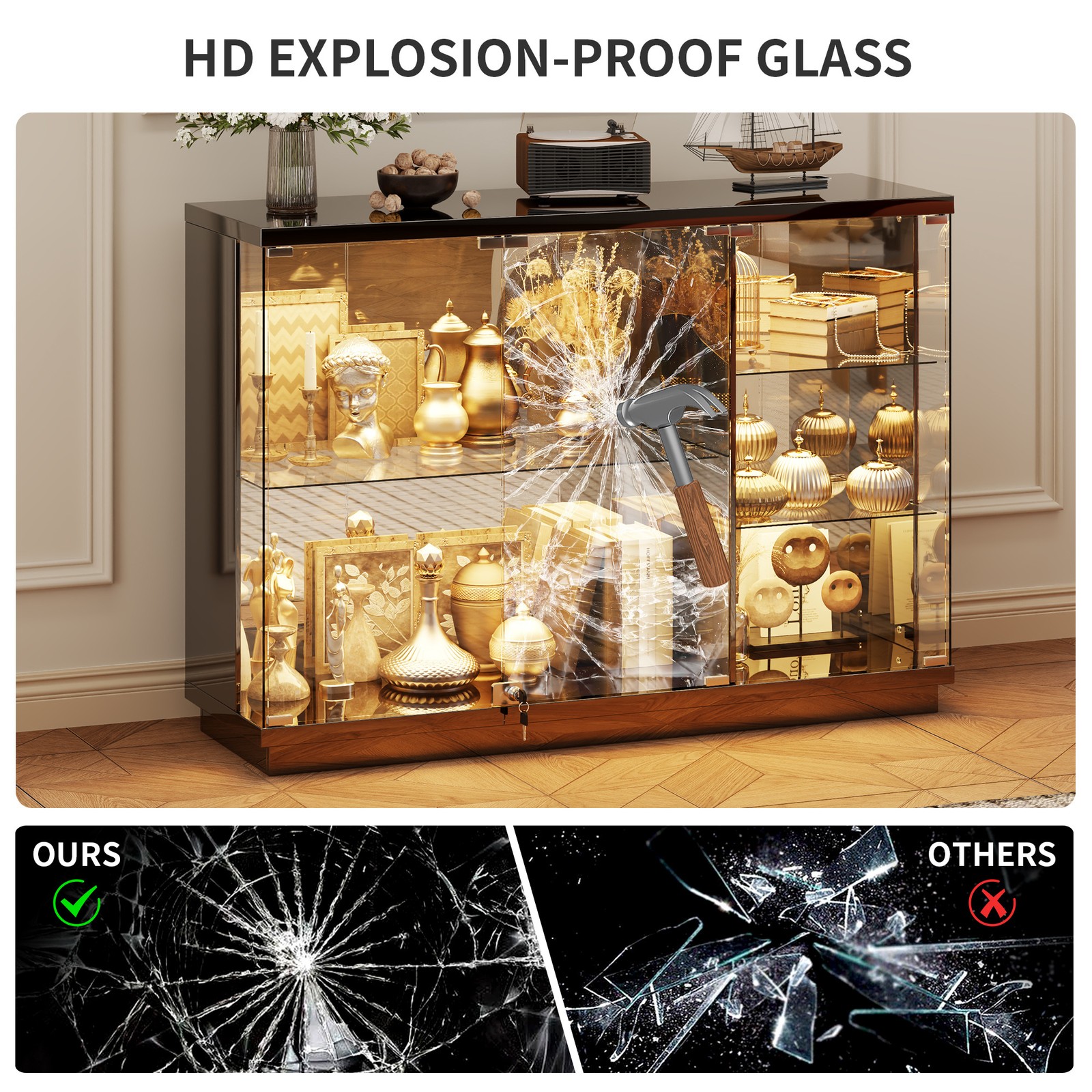Gurexl Glass Display Cases with Human Sensor and 3 Color Lights for Collectibles