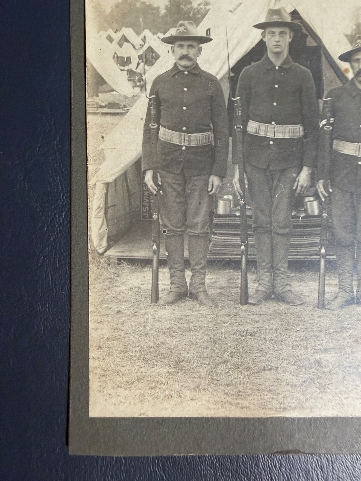 Antique Photo WWI Era US Military Soldiers Campaign Hats Tent Camp USMC Rifle