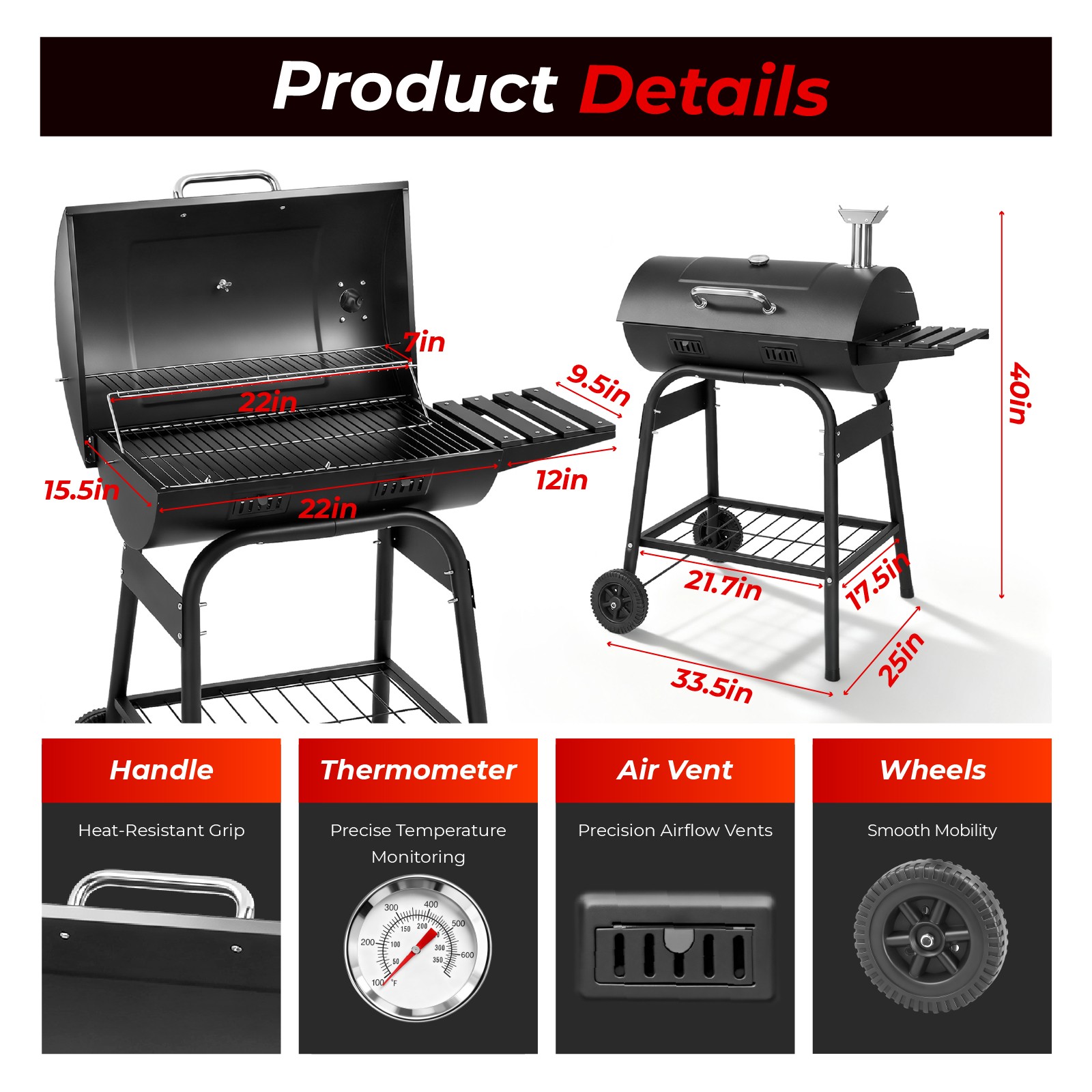 40" Barrel Charcoal Grill with Side Shelf, Stainless Steel Stove Camping Outdoor