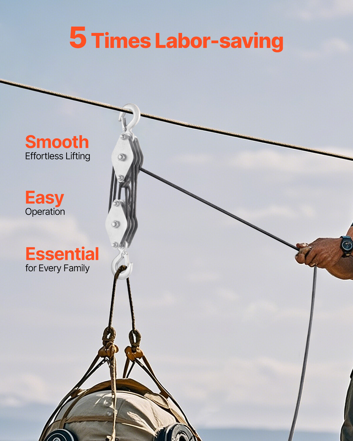 4400 lbs Rope Hoist Pulley System Block and Tackle 5:1 Lifting Ratio 100 ft Rope