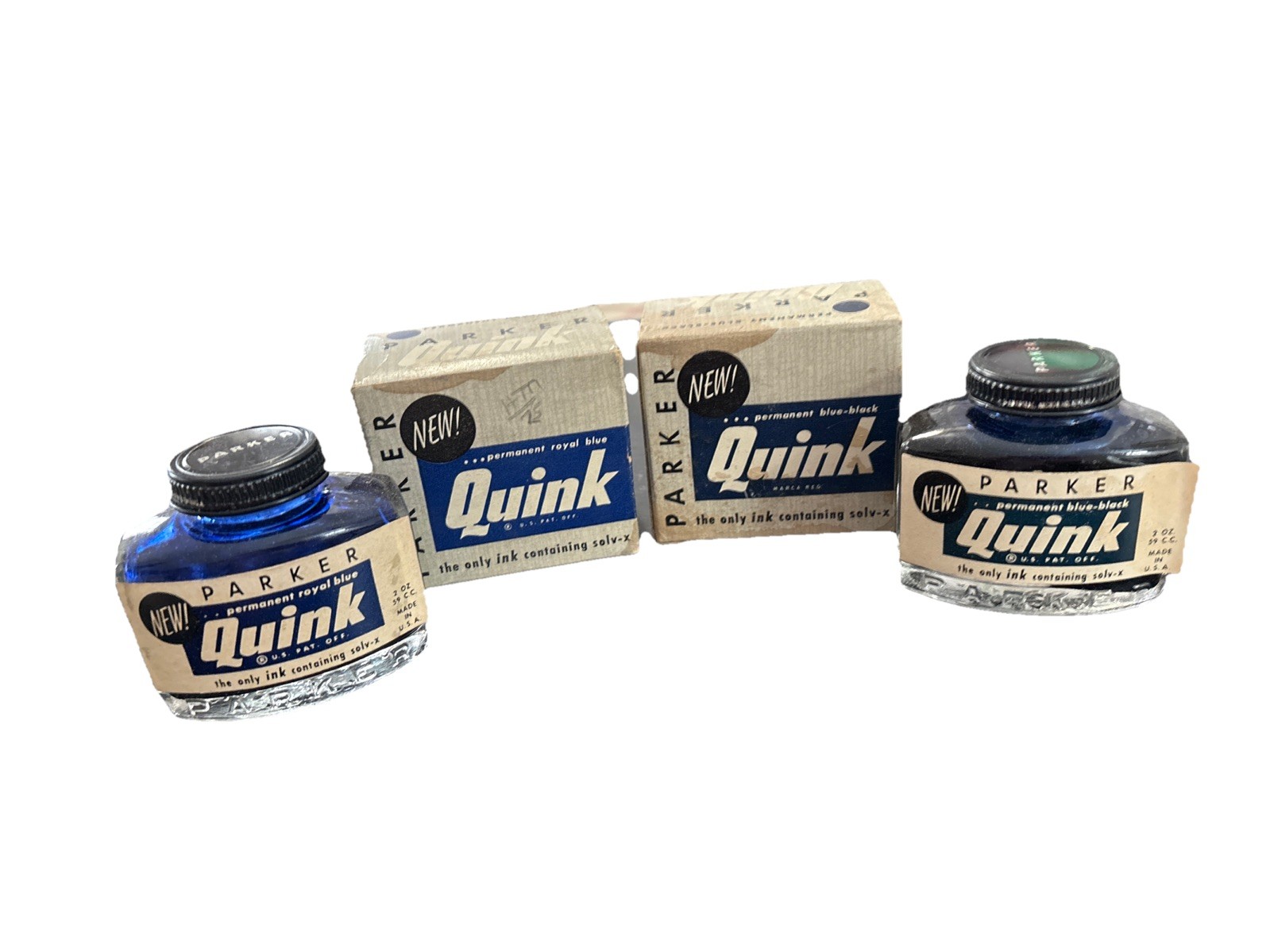 2 Parker Quink Vintage Blue Black & Royal Blue Fountain Pen Ink NOS Full New 50s